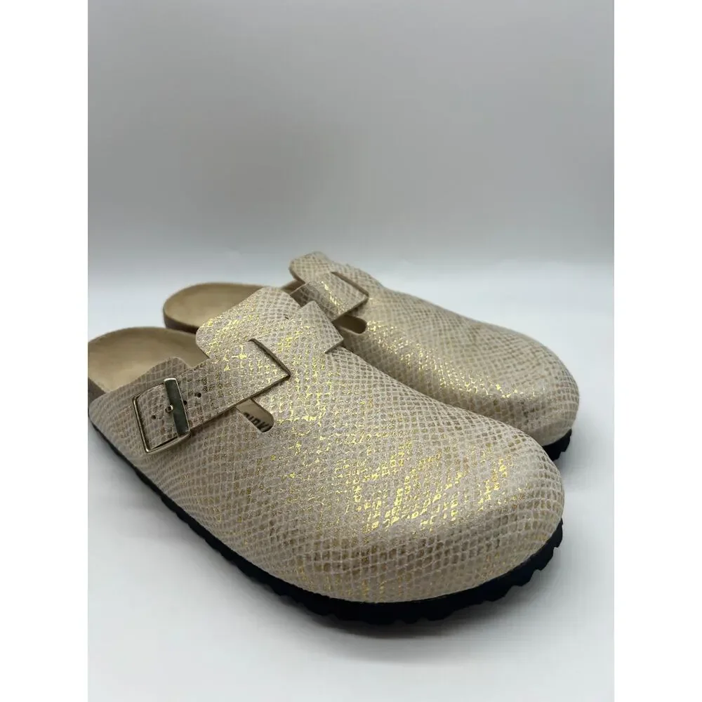 Birkenstock Boston Clogs Men's Size 10 Shiny Gold Python Eggshell New